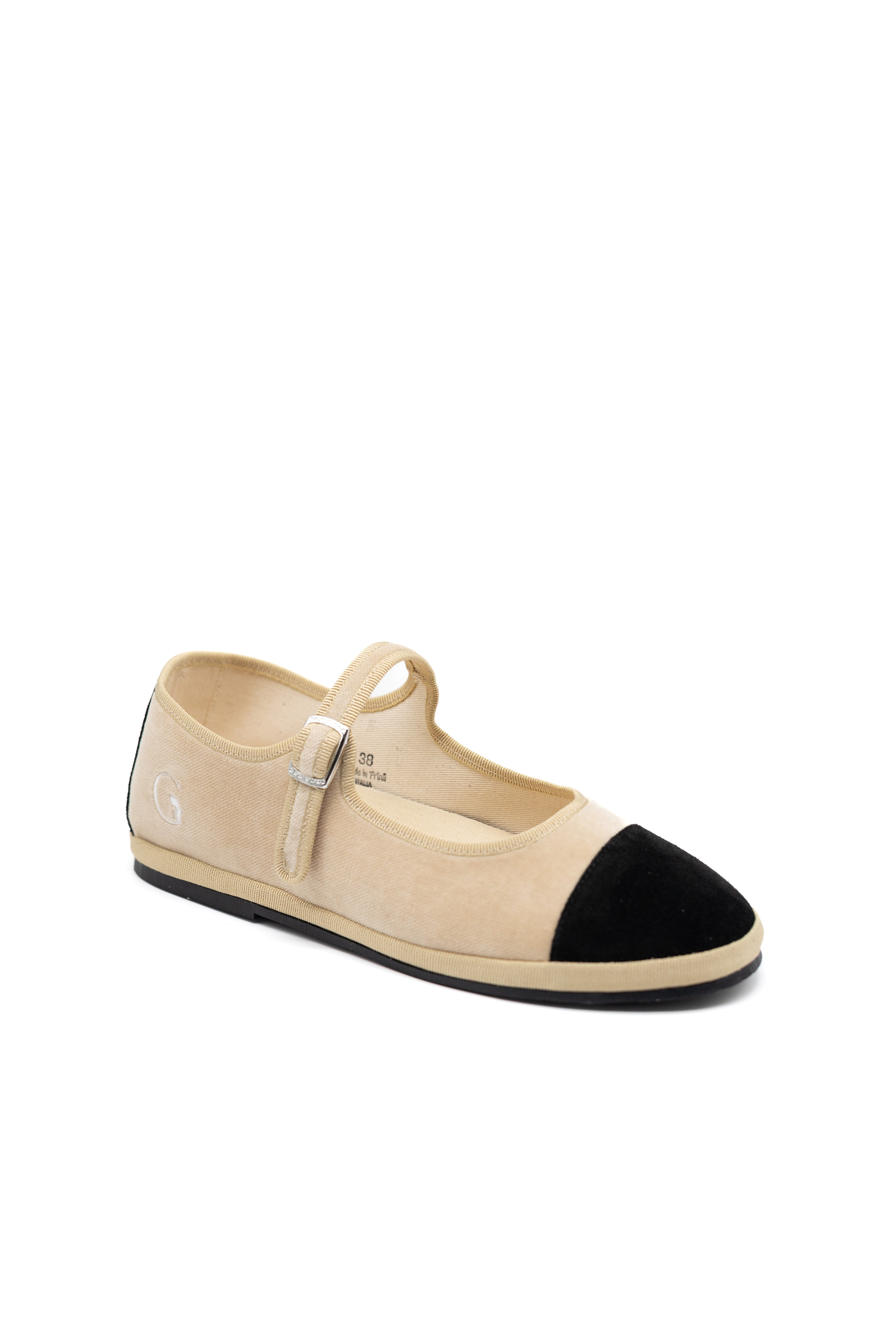 Handcrafted Gondolina Damier Mary Jane in nude velvet with toe in black suede, featuring authentic Venetian design, side view