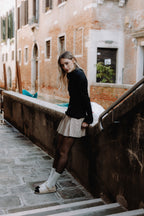 Handcrafted Gondolina Damier Mary Jane in nude velvet with toe in black suede, featuring authentic Venetian design, full-body