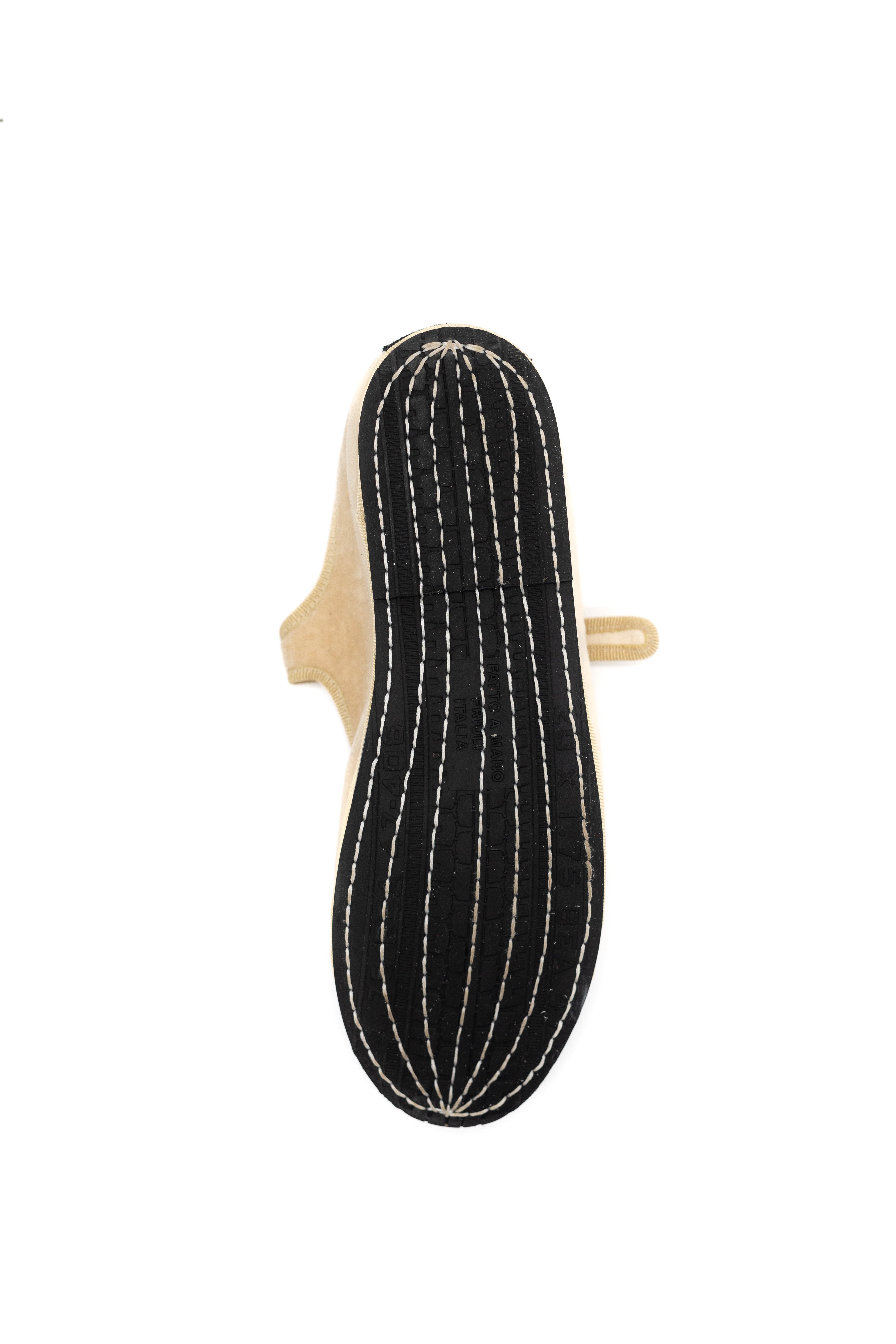 Handcrafted Gondolina Damier Mary Jane in nude velvet with toe in black suede, featuring authentic Venetian design, sole detail