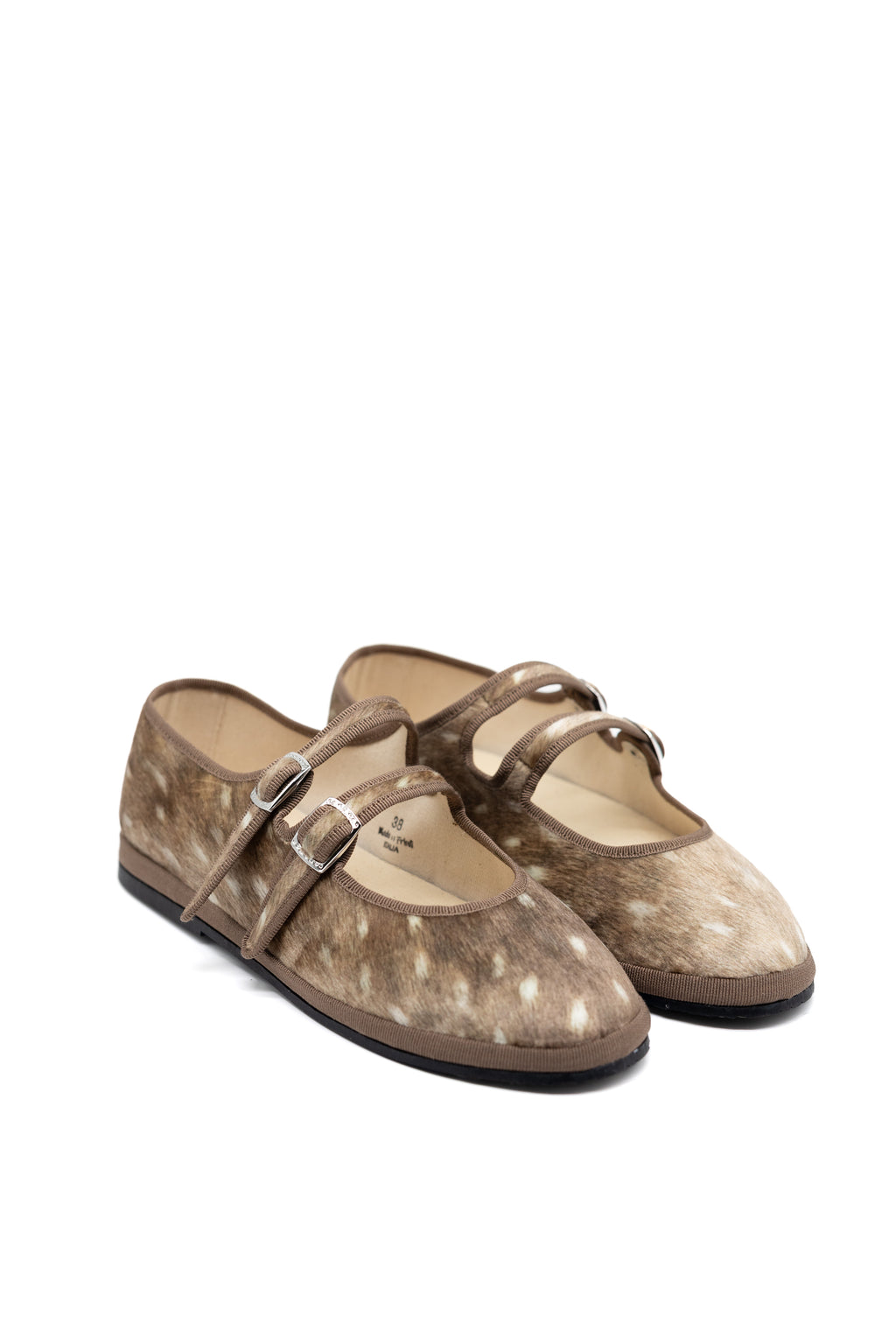 Handcrafted Gondolina Deer Mary Jane in deer print, featuring authentic Venetian design, close-up