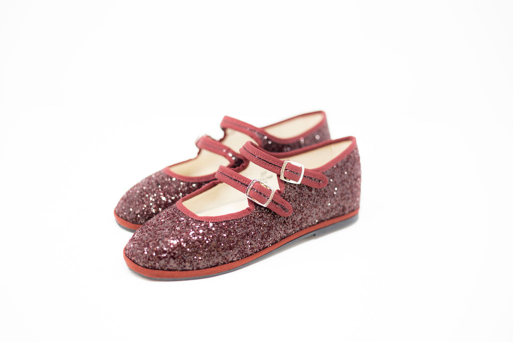 Handcrafted Gondolina Giudecca Mary Jane in burgundy glitter, featuring authentic Venetian design, main view