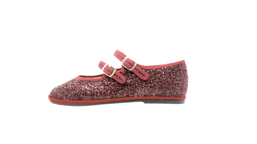 Handcrafted Gondolina Giudecca Mary Jane in burgundy glitter, featuring authentic Venetian design, side view