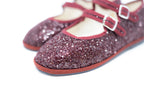 Handcrafted Gondolina Giudecca Mary Jane in burgundy glitter, featuring authentic Venetian design, close-up