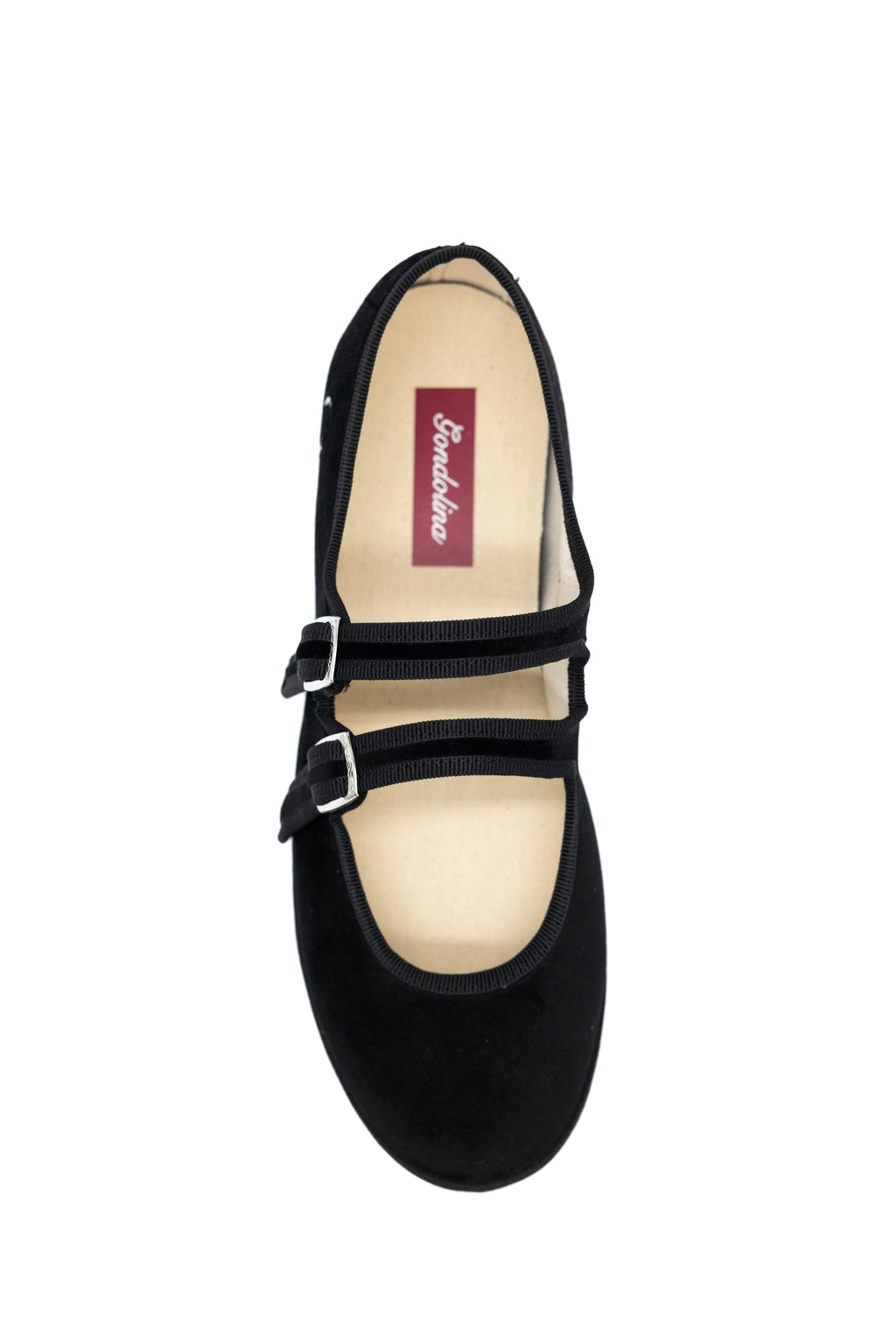 Handcrafted Gondolina Mary Jane in black velvet, Gondola style featuring authentic Venetian design, top view
