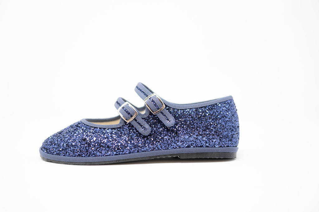 Handcrafted Gondolina Gran Canale Mary Jane in blue glitter, featuring authentic Venetian design, side view