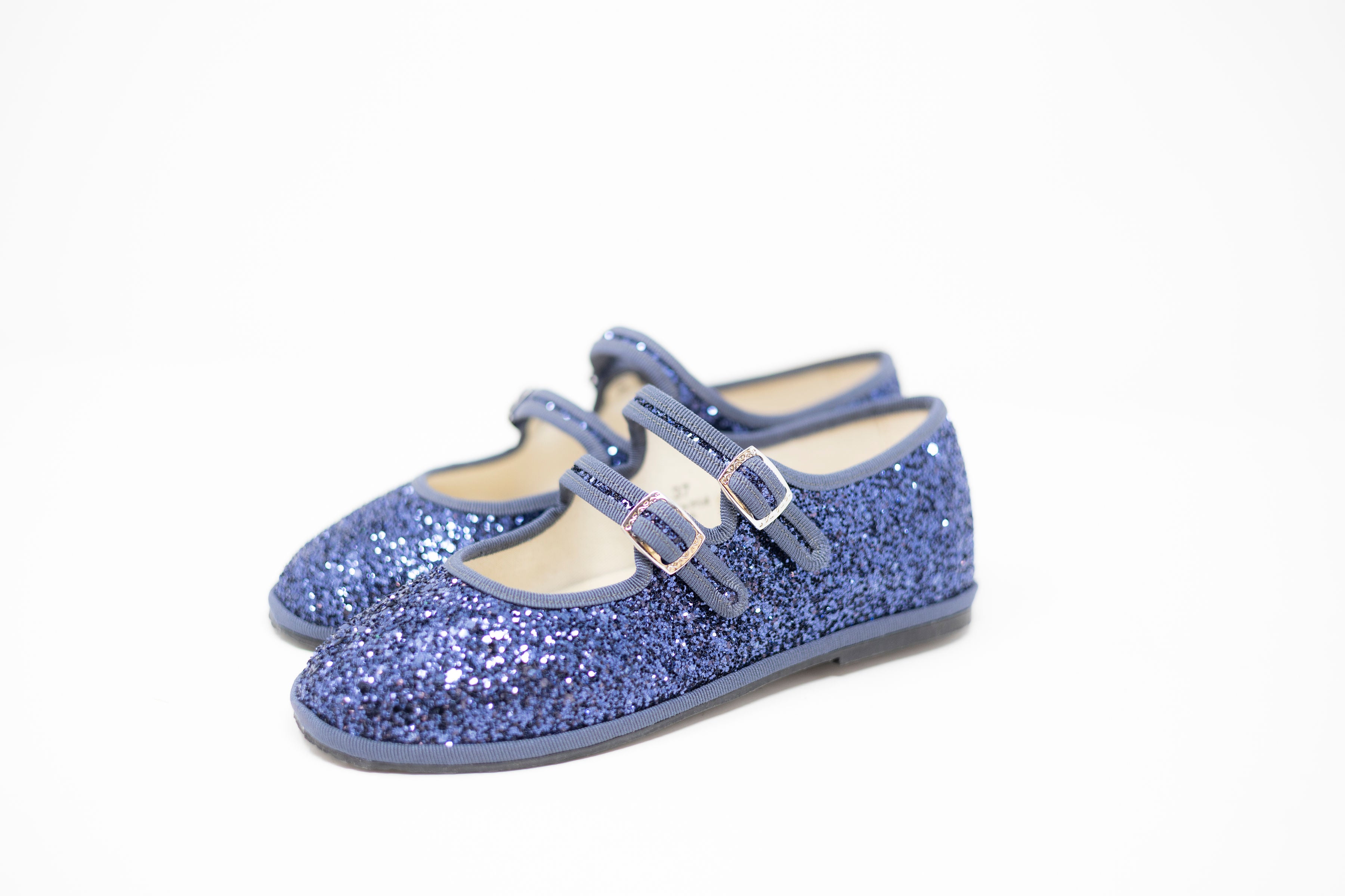 Handcrafted Gondolina Gran Canale Mary Jane in blue glitter, featuring authentic Venetian design, close-up