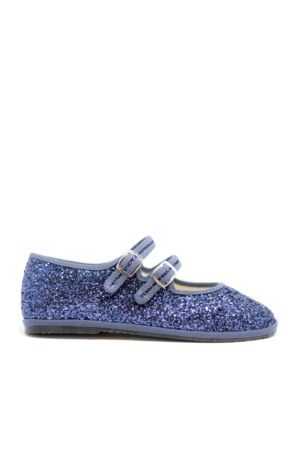 Handcrafted Gondolina Gran Canale Mary Jane in blue glitter for women, featuring authentic Venetian design, side view