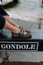 Handcrafted Gondolina Zebra Mary Jane in leopard print velvet, featuring authentic Venetian design, close-up