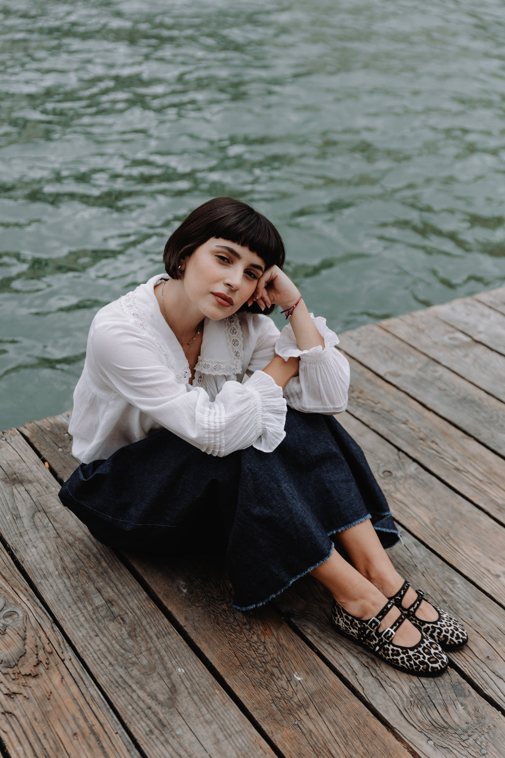 Handcrafted Gondolina Zebra Mary Jane in leopard print velvet, featuring authentic Venetian design, worn by model