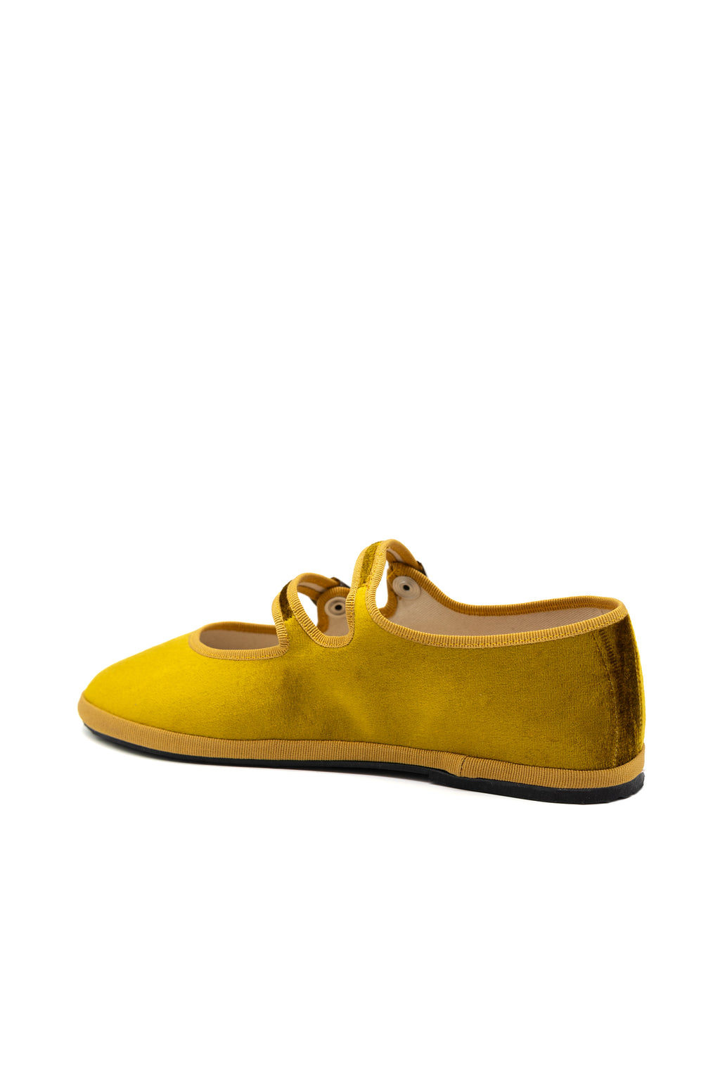 Handcrafted Gondolina Nina Mary Jane in yellow silk velvet, featuring authentic Venetian design, back view