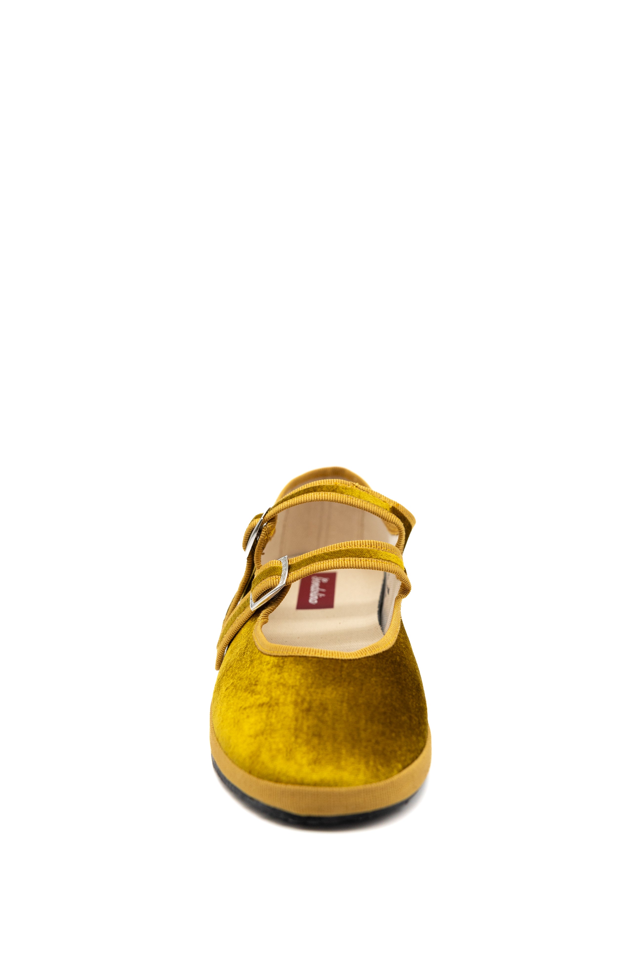 Handcrafted Gondolina Nina Mary Jane in yellow silk velvet, featuring authentic Venetian design, front view