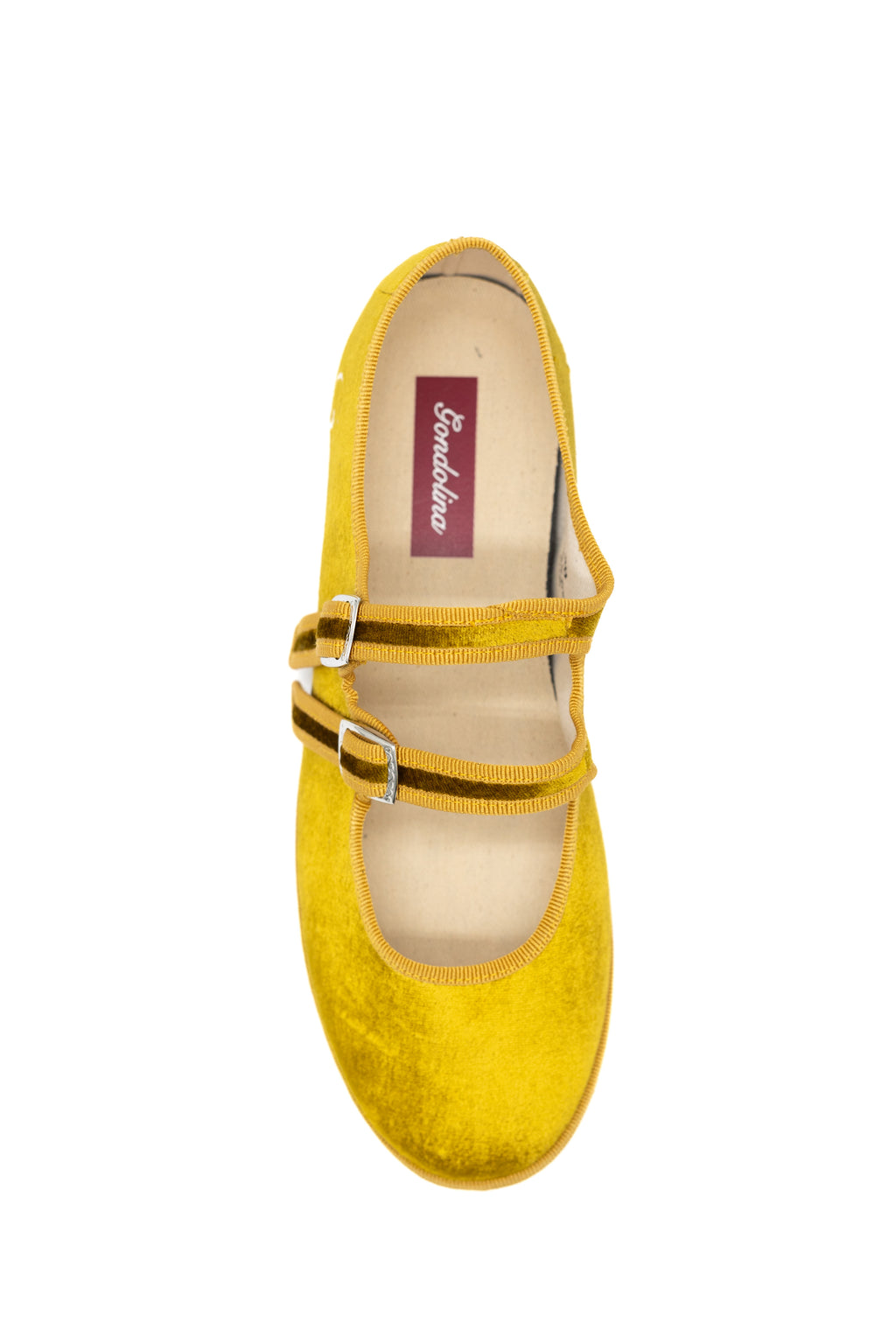 Handcrafted Gondolina Nina Mary Jane in yellow silk velvet, featuring authentic Venetian design, top view