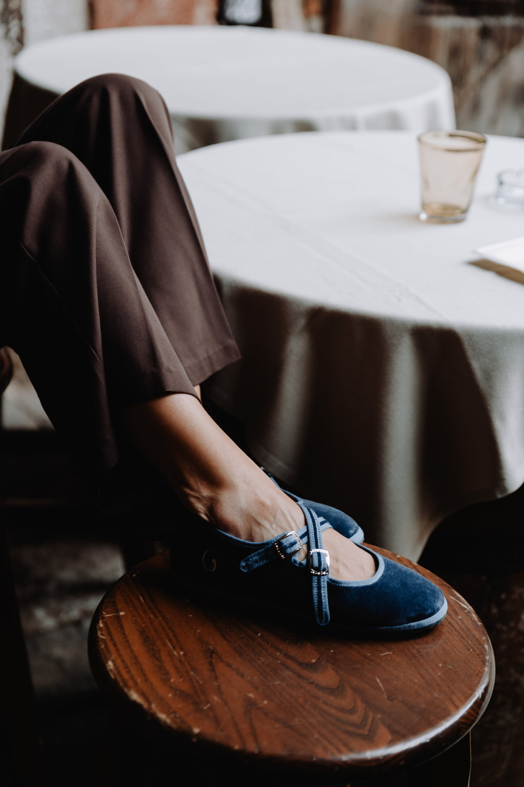 Handcrafted Gondolina Rialto Mary Jane in light blue velvet, featuring authentic Venetian design, lifestyle