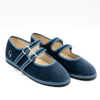Handcrafted Gondolina Rialto Mary Jane in light blue velvet, featuring authentic Venetian design, close-up