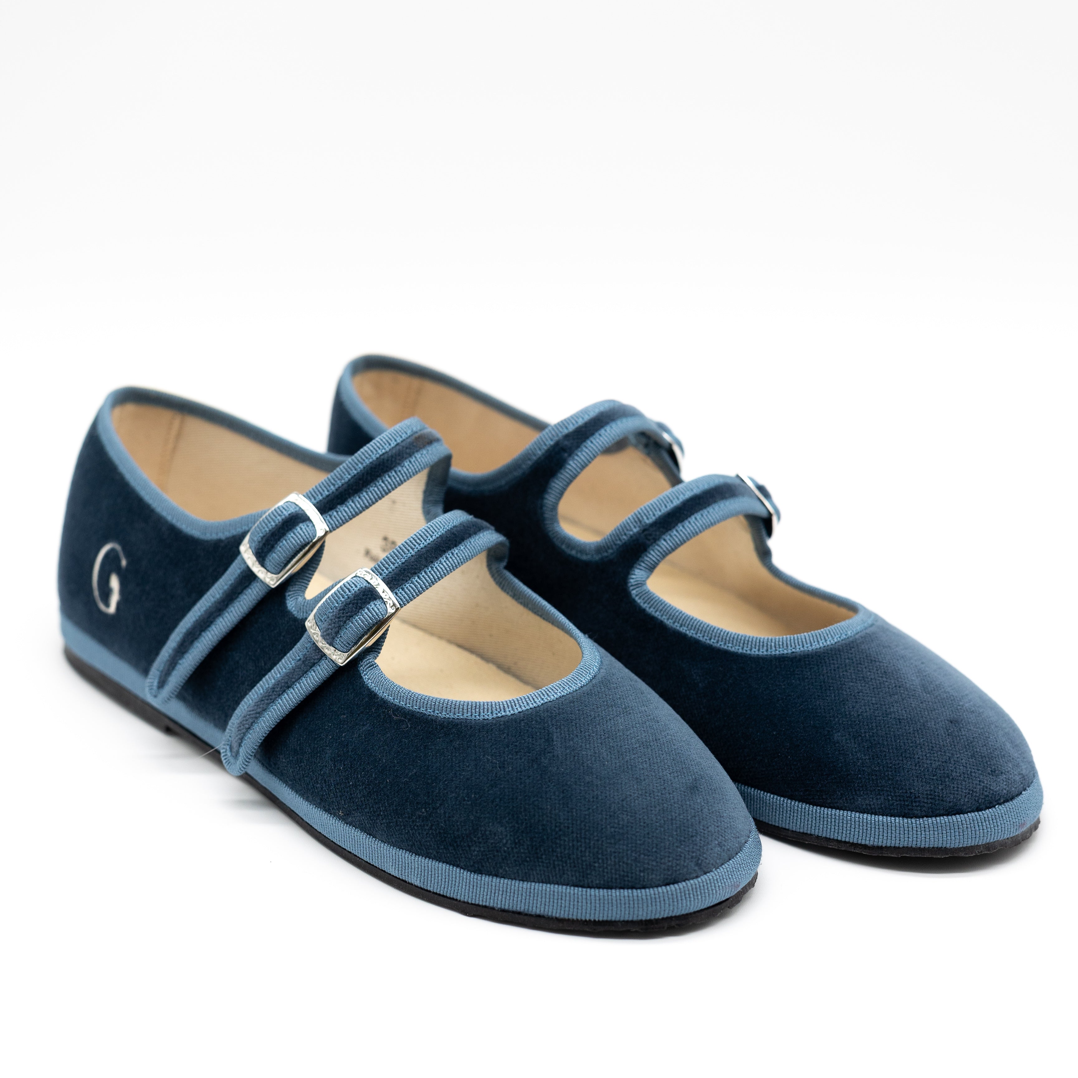 Handcrafted Gondolina Rialto Mary Jane in light blue velvet, featuring authentic Venetian design, close-up