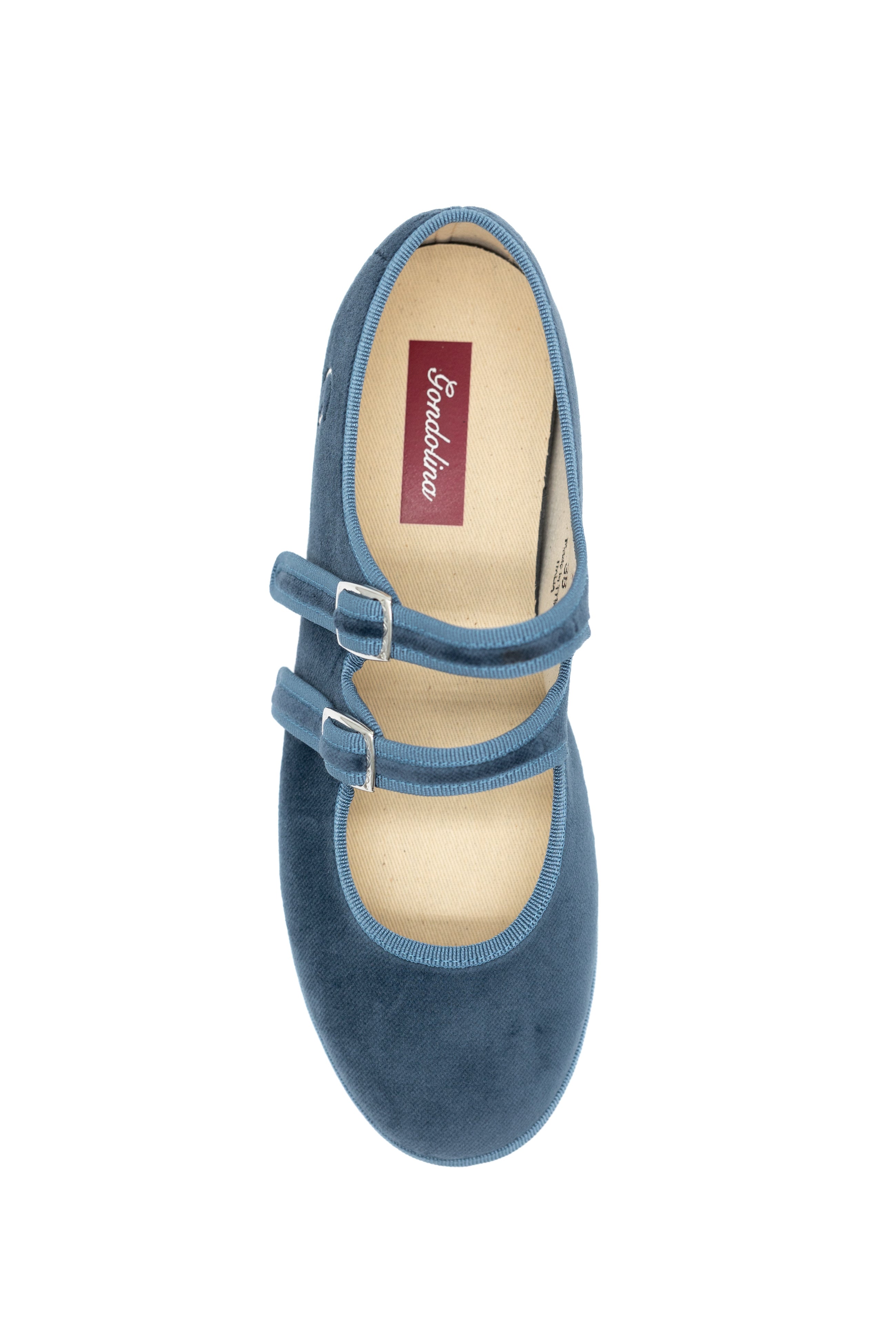 Handcrafted Gondolina Rialto Mary Jane in light blue velvet, featuring authentic Venetian design, top view