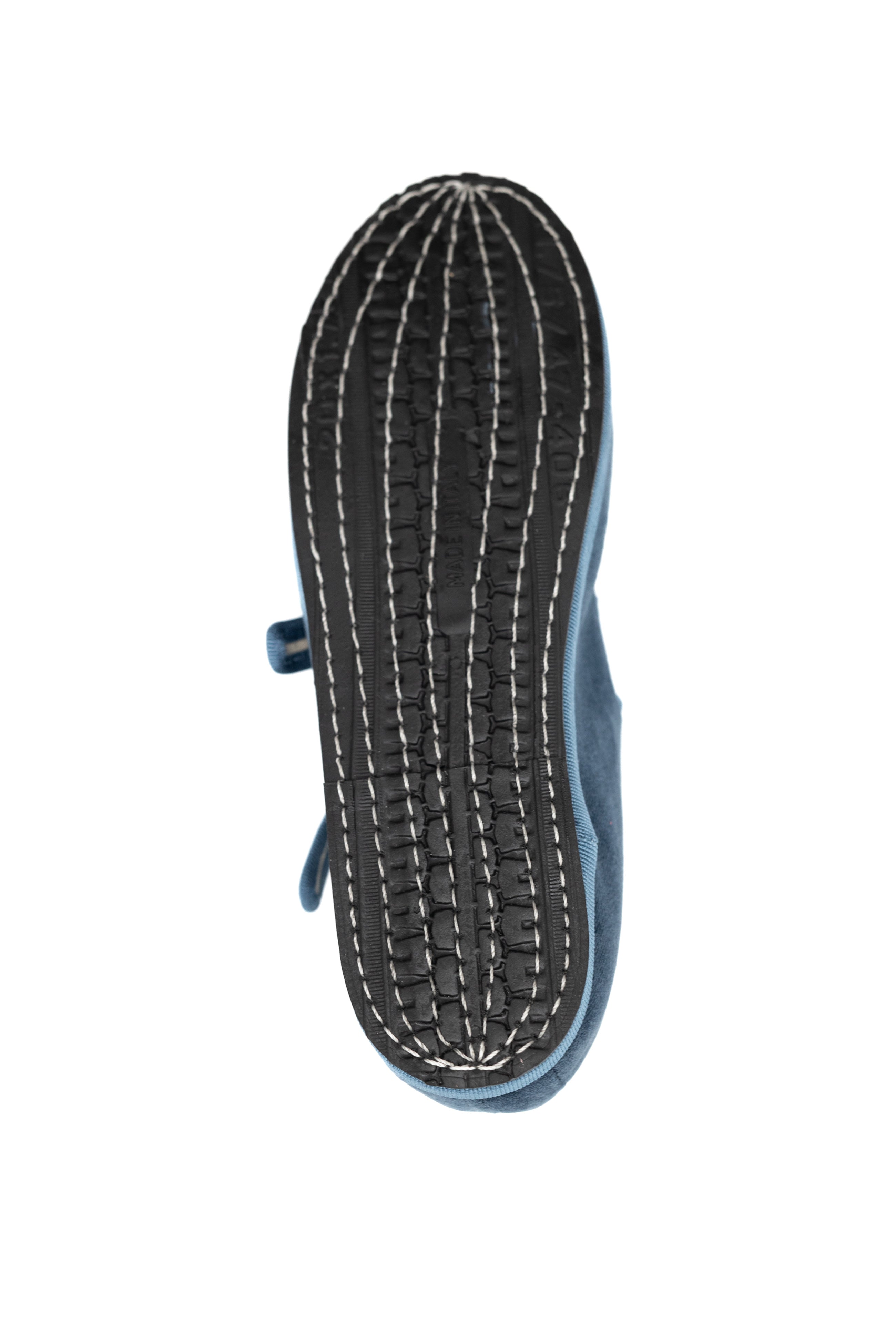 Handcrafted Gondolina Rialto Mary Jane in light blue velvet, featuring authentic Venetian design, sole detail