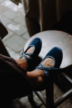 Handcrafted Gondolina Rialto Mary Jane in light blue velvet, featuring authentic Venetian design, straps detail