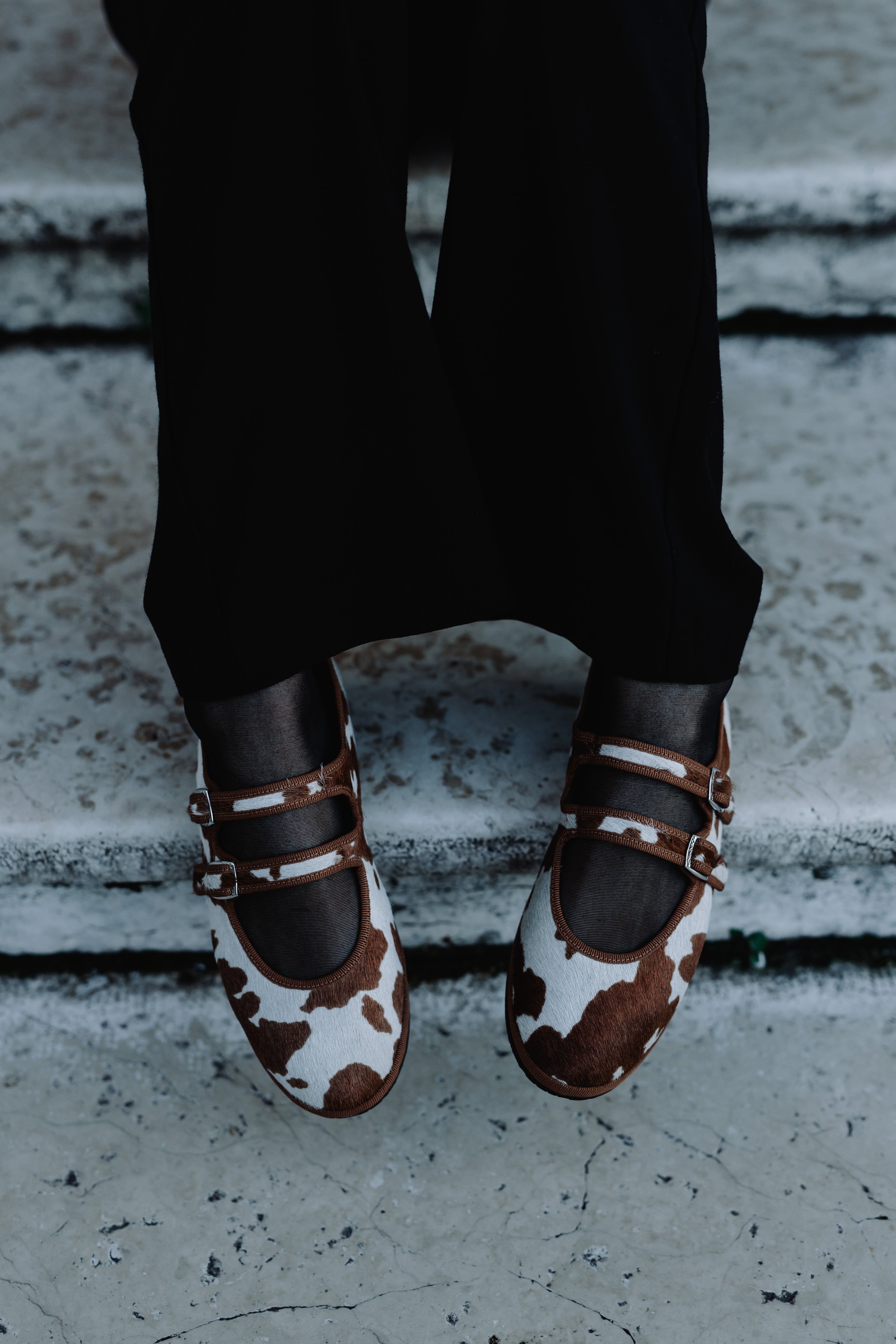 Handcrafted Gondolina Rodeo Mary Jane in cow print, featuring authentic Venetian design, lifestyle