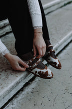 Handcrafted Gondolina Rodeo Mary Jane in cow print, featuring authentic Venetian design, detail