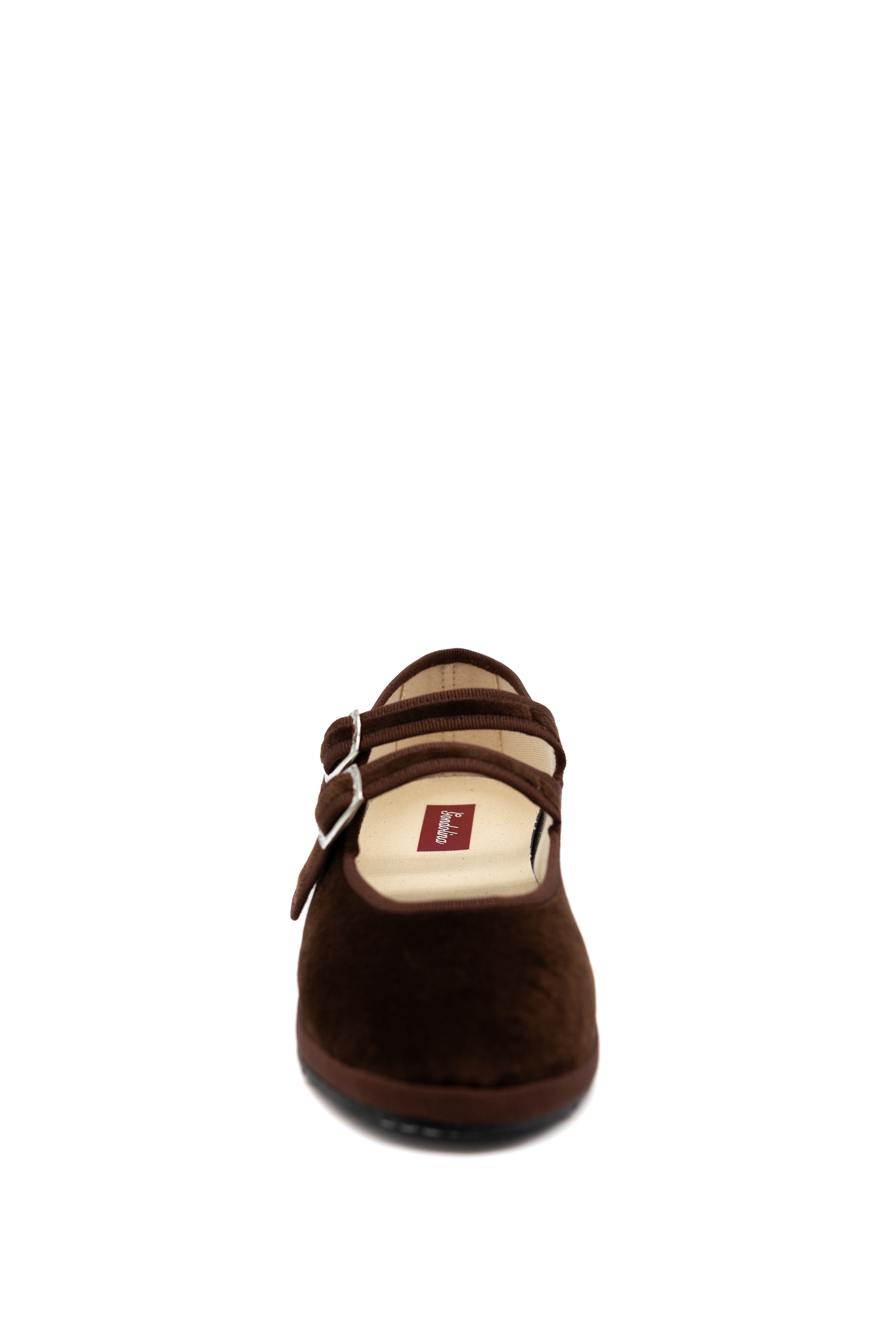 Handcrafted Gondolina Sigari Mary Jane in brown velvet, featuring authentic Venetian design, front view