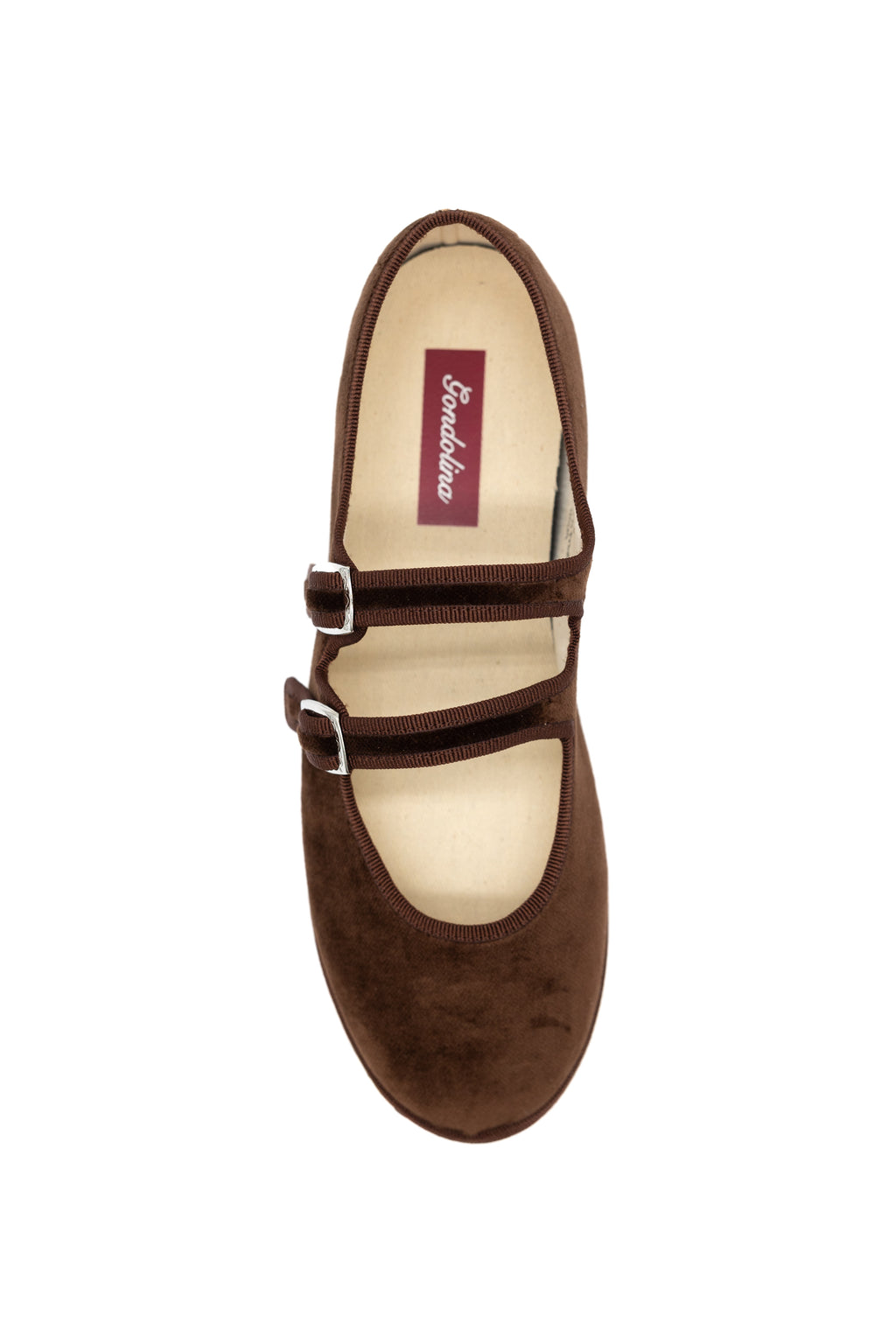 Handcrafted Gondolina Sigari Mary Jane in brown velvet, featuring authentic Venetian design, top view