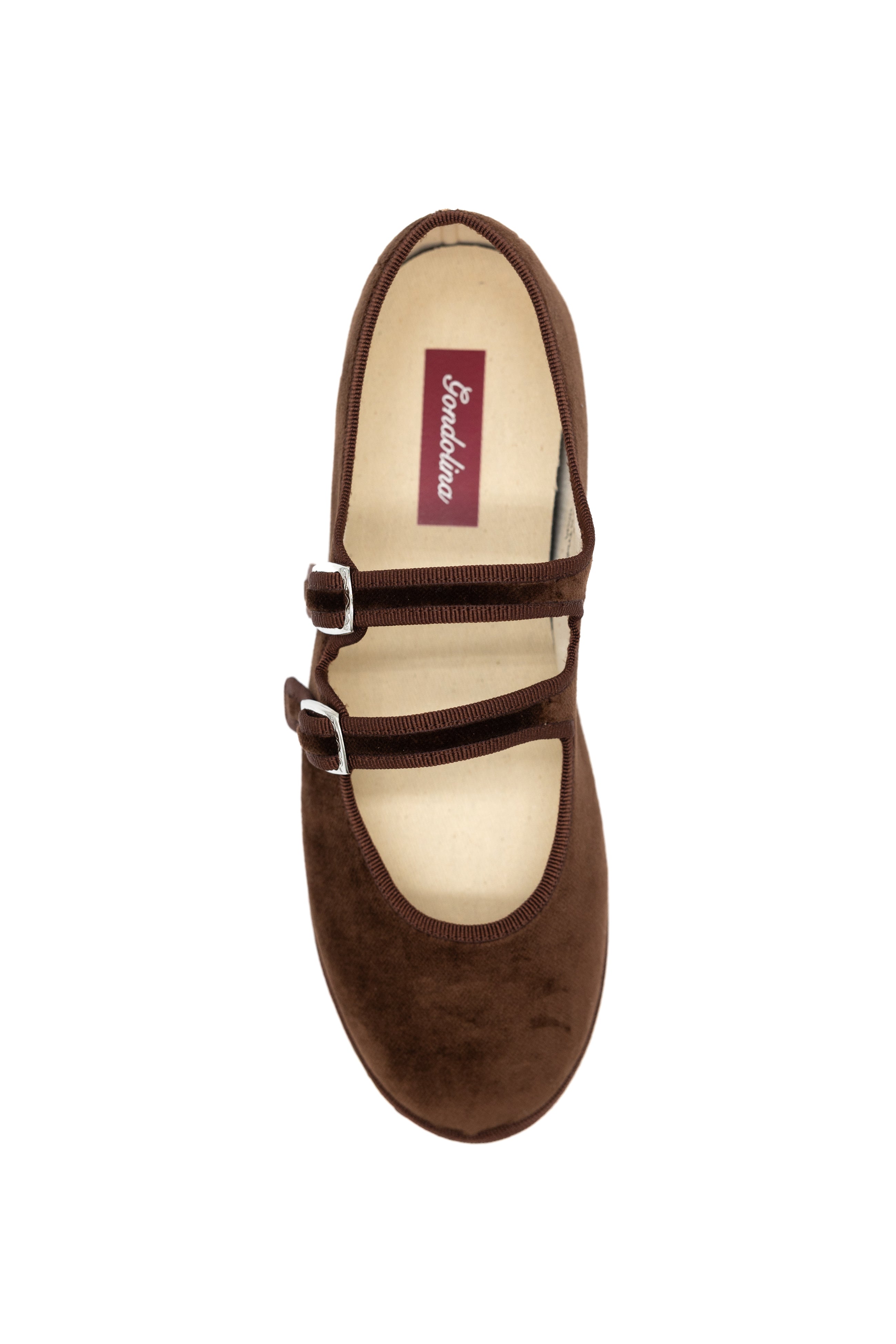 Handcrafted Gondolina Sigari Mary Jane in brown velvet, featuring authentic Venetian design, top view