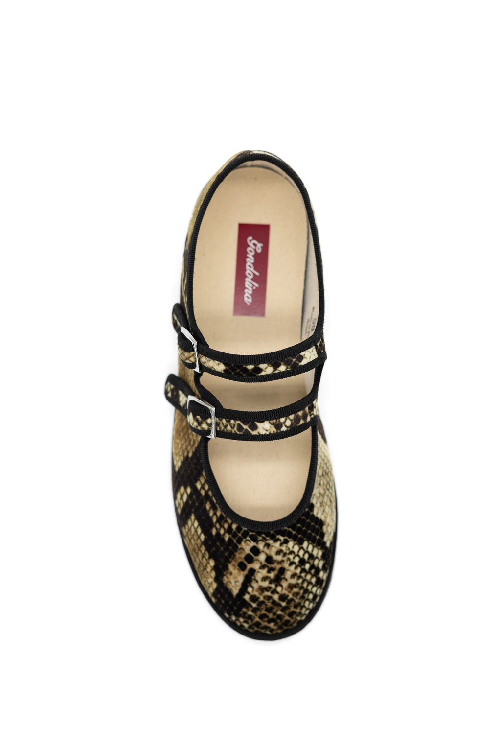 Handcrafted Gondolina Snake  Mary Jane in snake print, featuring authentic Venetian design, top view