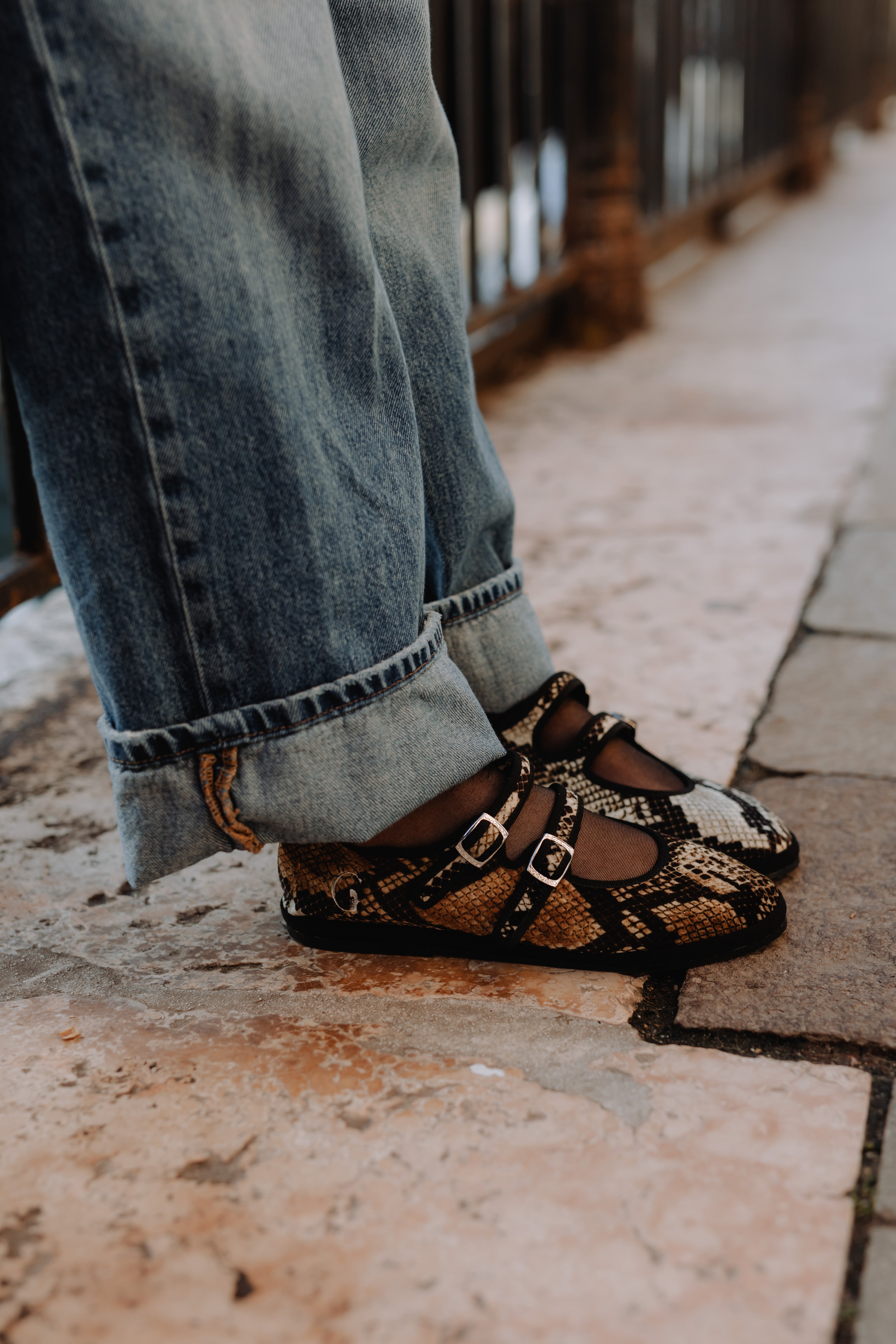 Handcrafted Gondolina Snake  Mary Jane in snake print, featuring authentic Venetian design, details