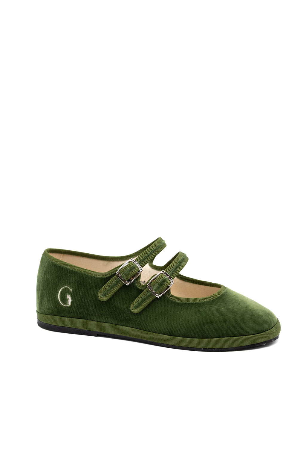 Handcrafted Gondolina Sofia Mary Jane in light green velvet, featuring authentic Venetian design, side view