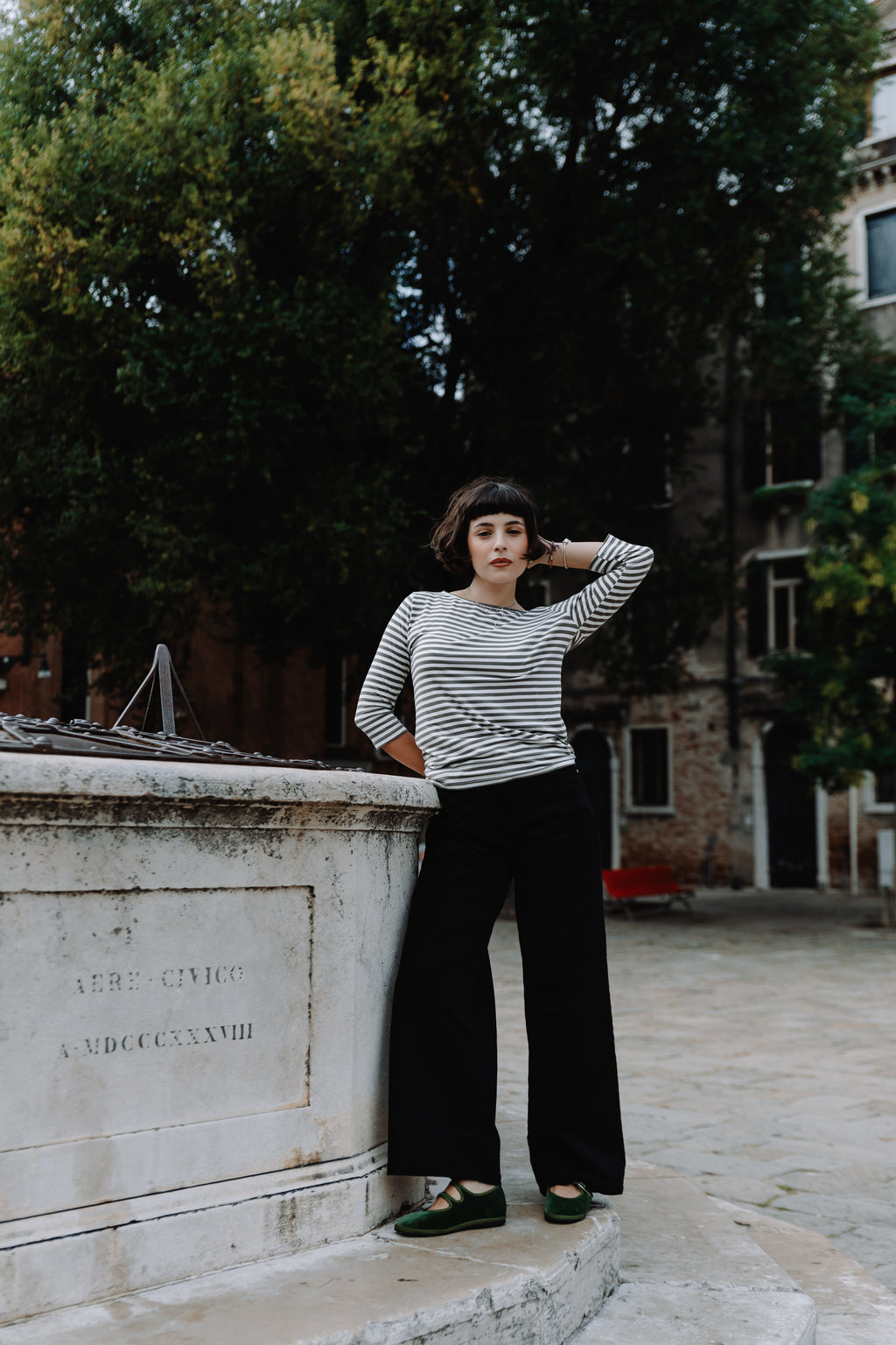 Handcrafted Gondolina Sofia Mary Jane in light green velvet, featuring authentic Venetian design, full-body