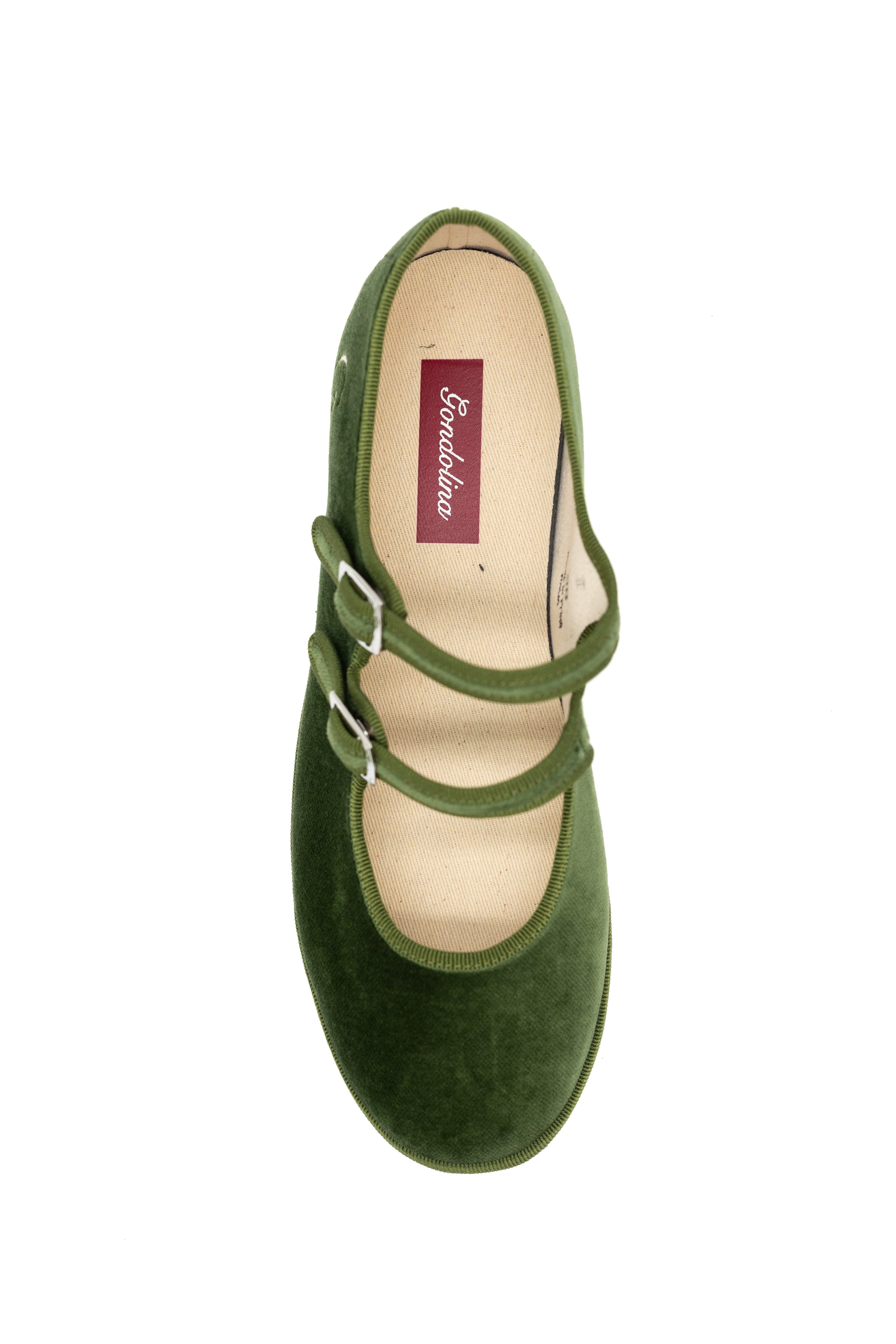 Handcrafted Gondolina Sofia Mary Jane in light green velvet, featuring authentic Venetian design, top view