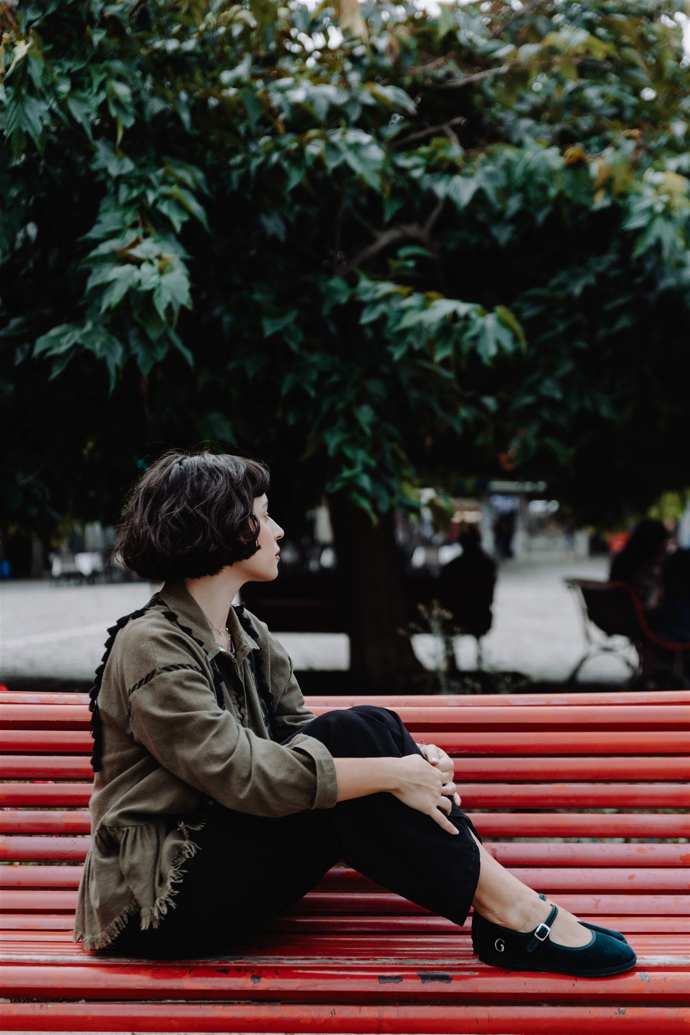 Handcrafted Gondolina Vignole  Mary Jane in dark green velvet, featuring authentic Venetian design, worm by model 