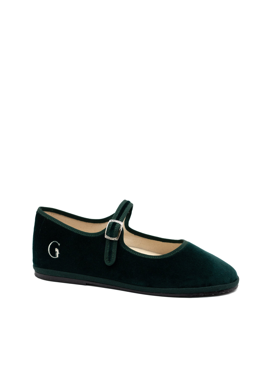 Handcrafted Gondolina Vignole  Mary Jane in dark green velvet, featuring authentic Venetian design, side view