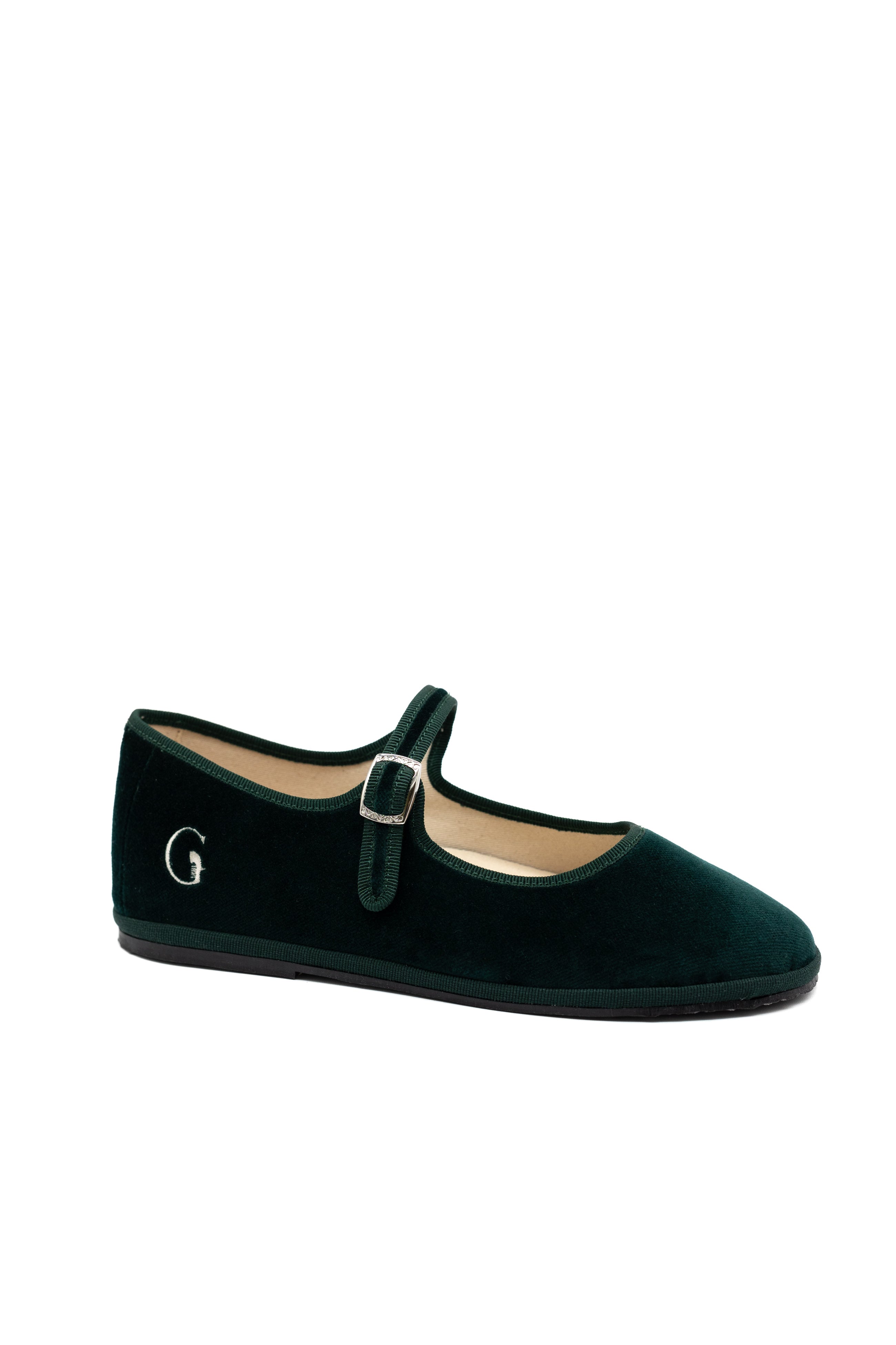 Handcrafted Gondolina Vignole  Mary Jane in dark green velvet, featuring authentic Venetian design, side view