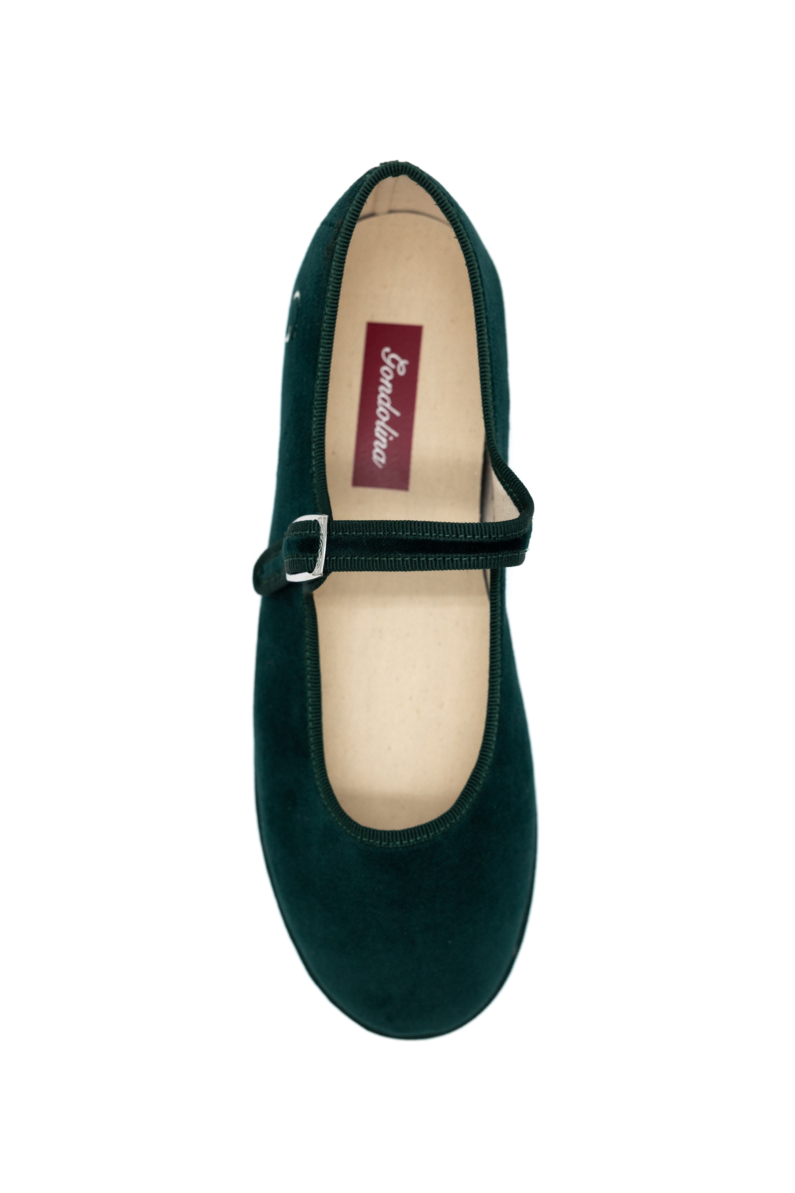 Handcrafted Gondolina Vignole  Mary Jane in dark green velvet, featuring authentic Venetian design, top view