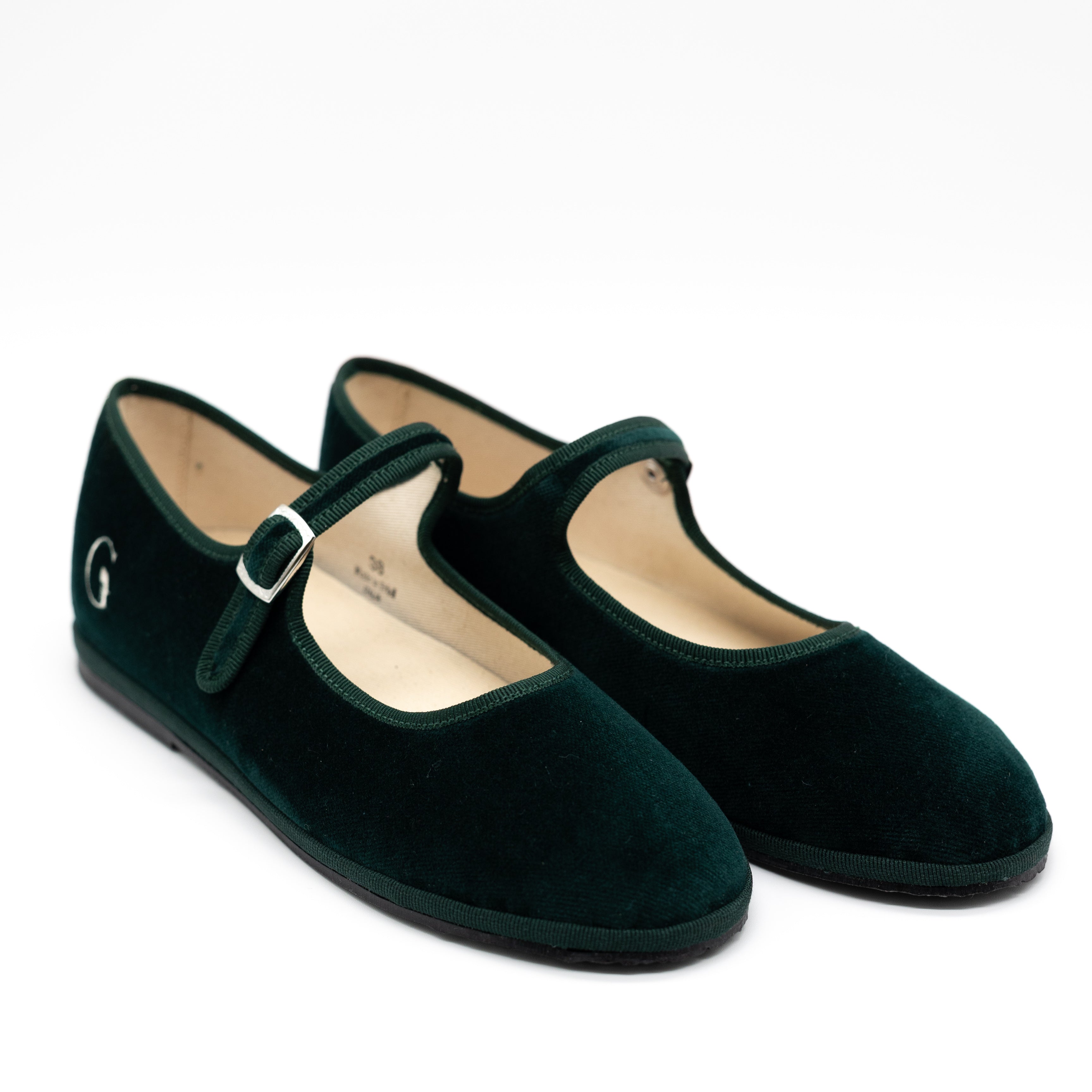 Handcrafted Gondolina Vignole  Mary Jane in dark green velvet, featuring authentic Venetian design, pair