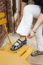 Handcrafted Gondolina Zebra Mary Jane in zebra print velvet, featuring authentic Venetian design, lifestyle