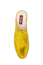 Handcrafted Gondolina Burano Mules in yellow silk velvet, featuring authentic Venetian design, top view