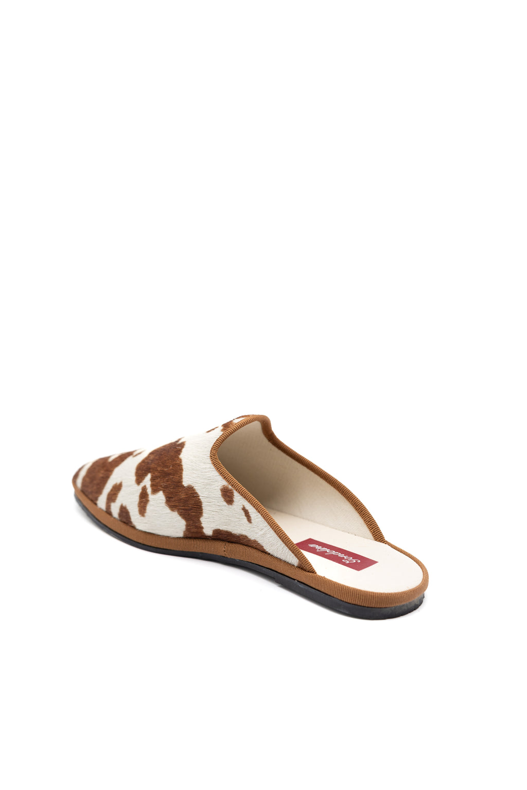 Handcrafted Gondolina Mules with cow print, featuring authentic Venetian design, back view