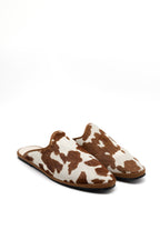 Handcrafted Gondolina Mules with cow print, featuring authentic Venetian design, close-up
