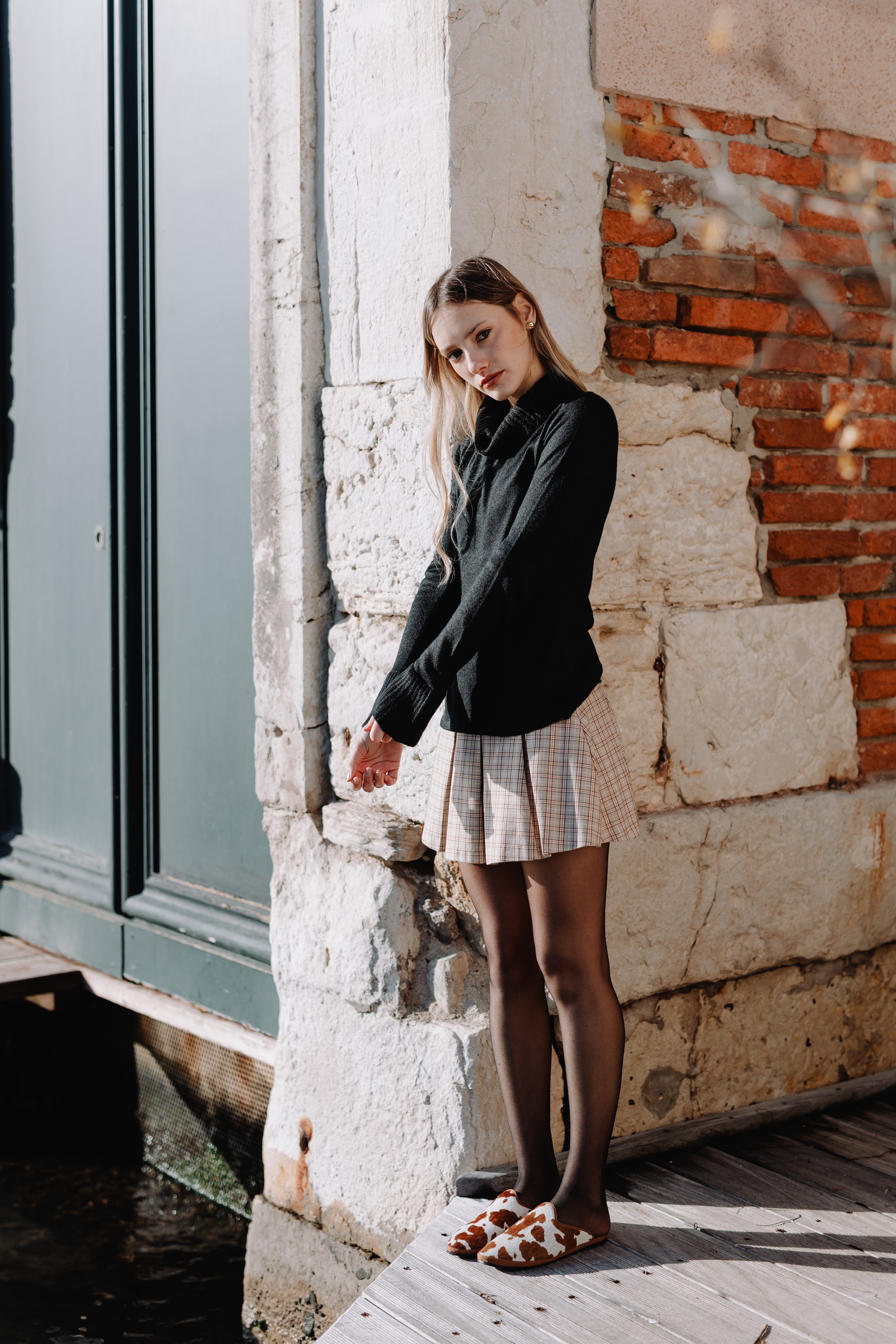 Handcrafted Gondolina Mules with cow print, featuring authentic Venetian design, full-body