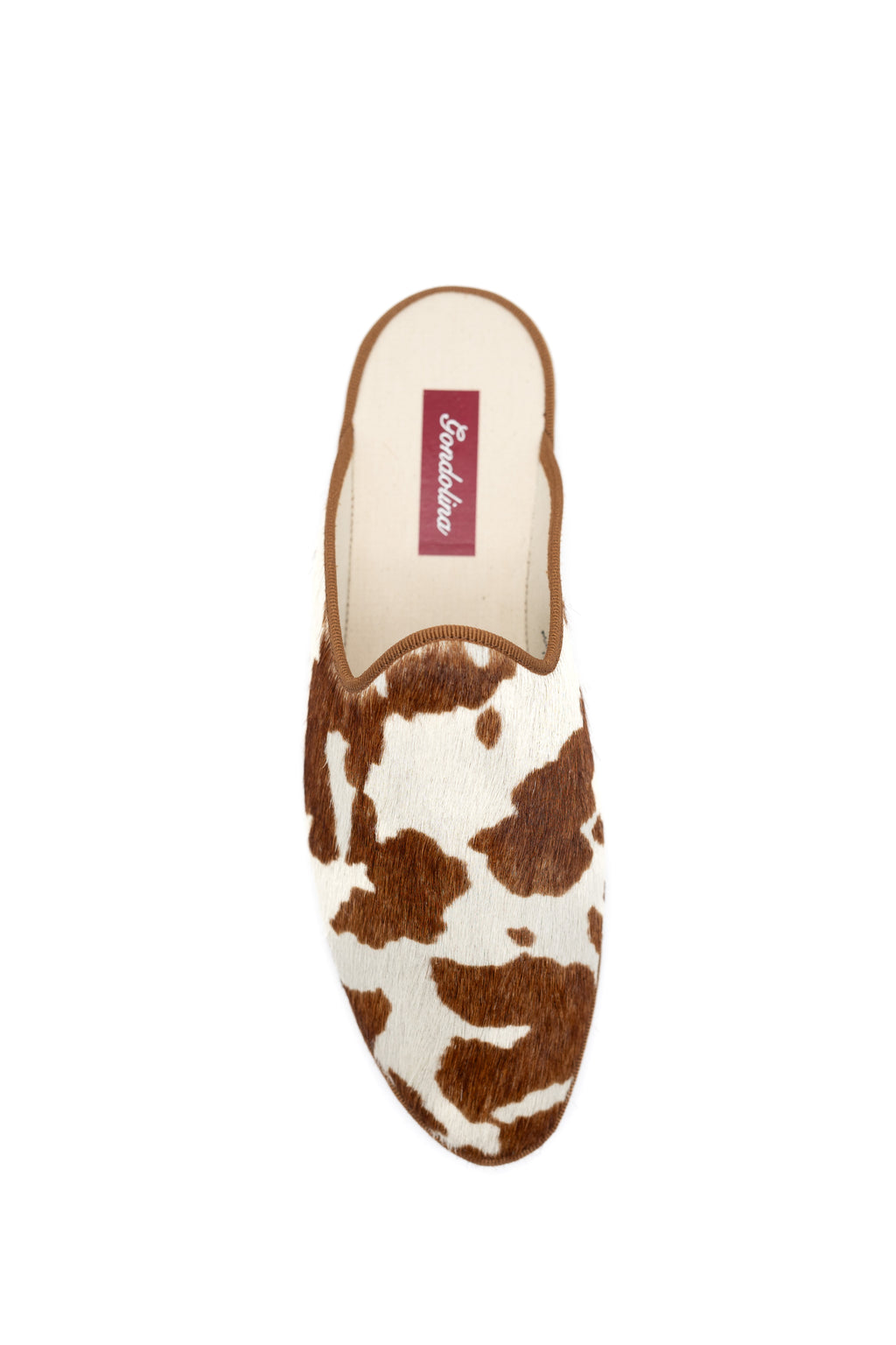 Handcrafted Gondolina Mules with cow print, featuring authentic Venetian design, top view