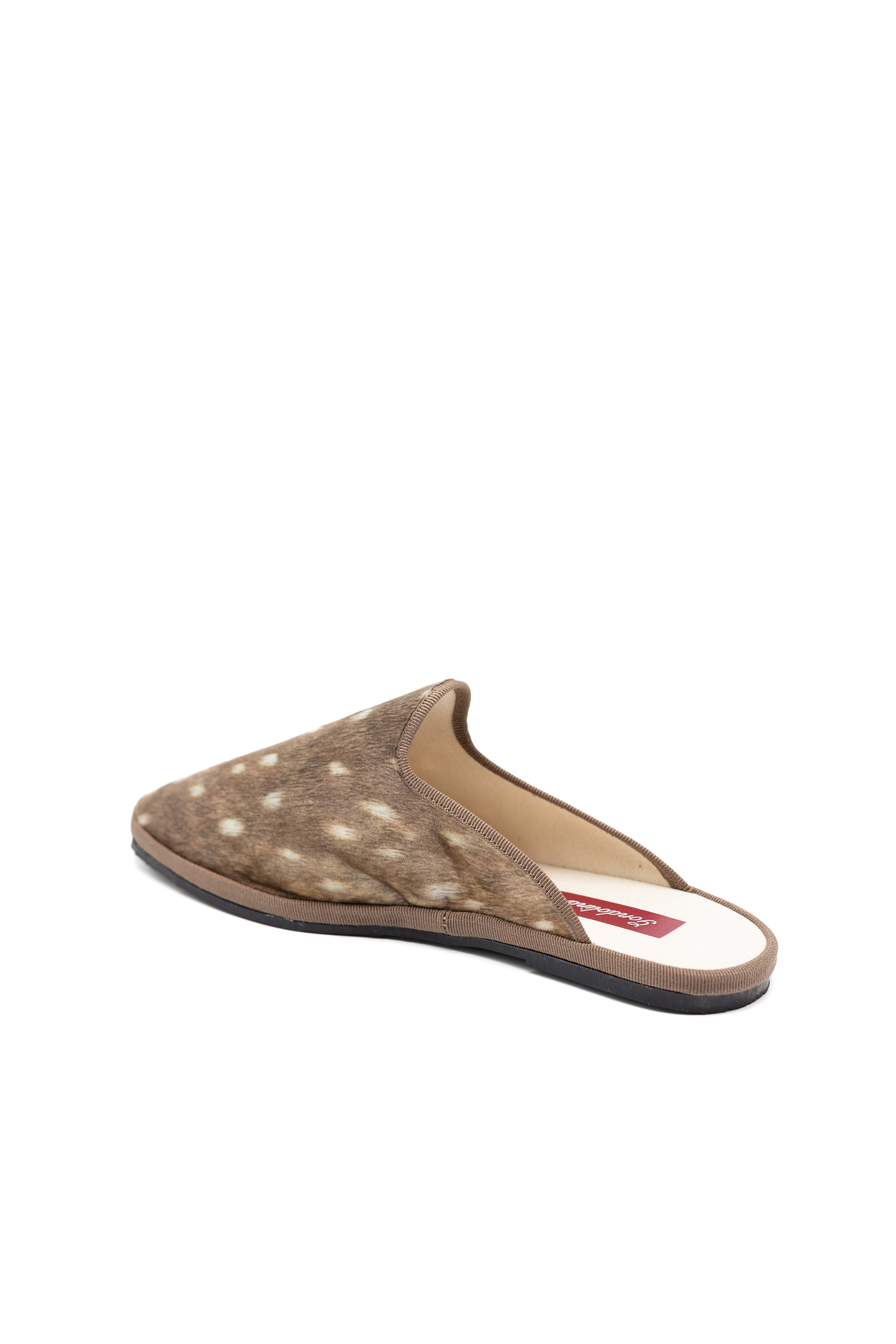 Handcrafted Gondolina Deer Mules with deer print, featuring authentic Venetian design, back view