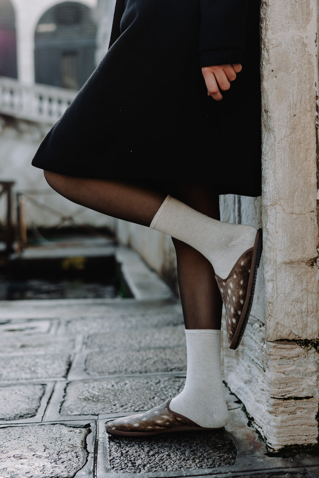 Handcrafted Gondolina Deer Mules with deer print, featuring authentic Venetian design, details