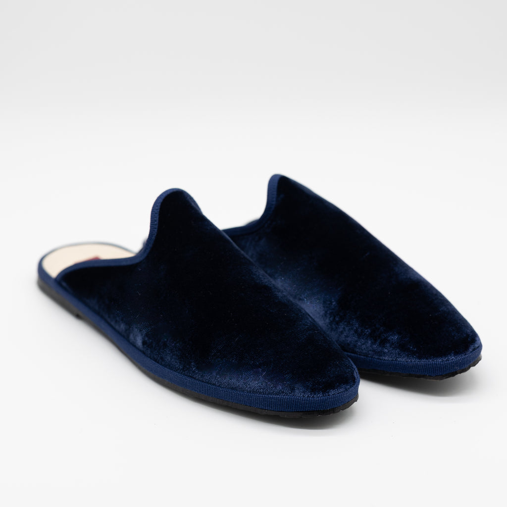 Handcrafted Gondolina Murano Mules in blue silk velvet, featuring authentic Venetian design, close-up