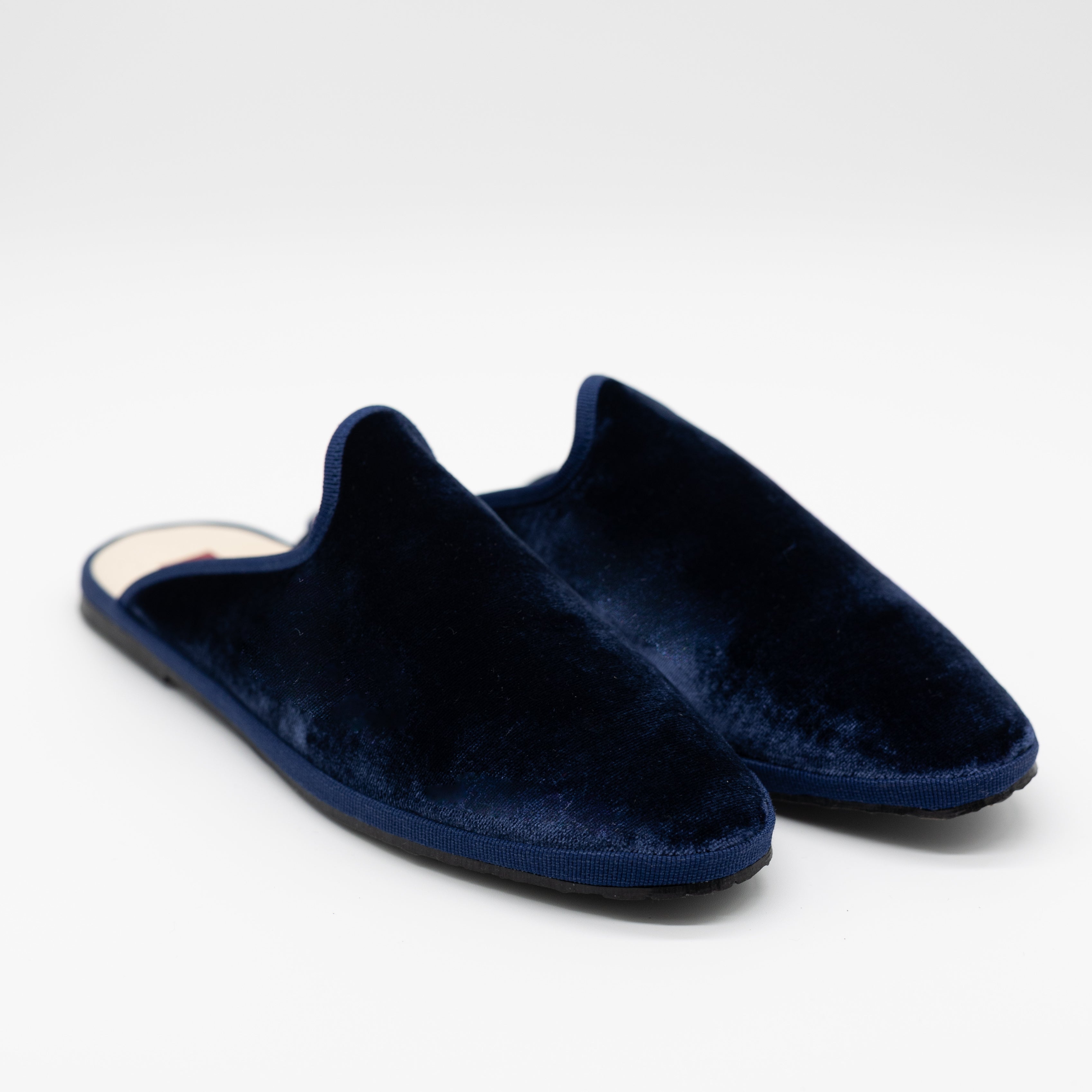 Handcrafted Gondolina Murano Mules in blue silk velvet, featuring authentic Venetian design, close-up