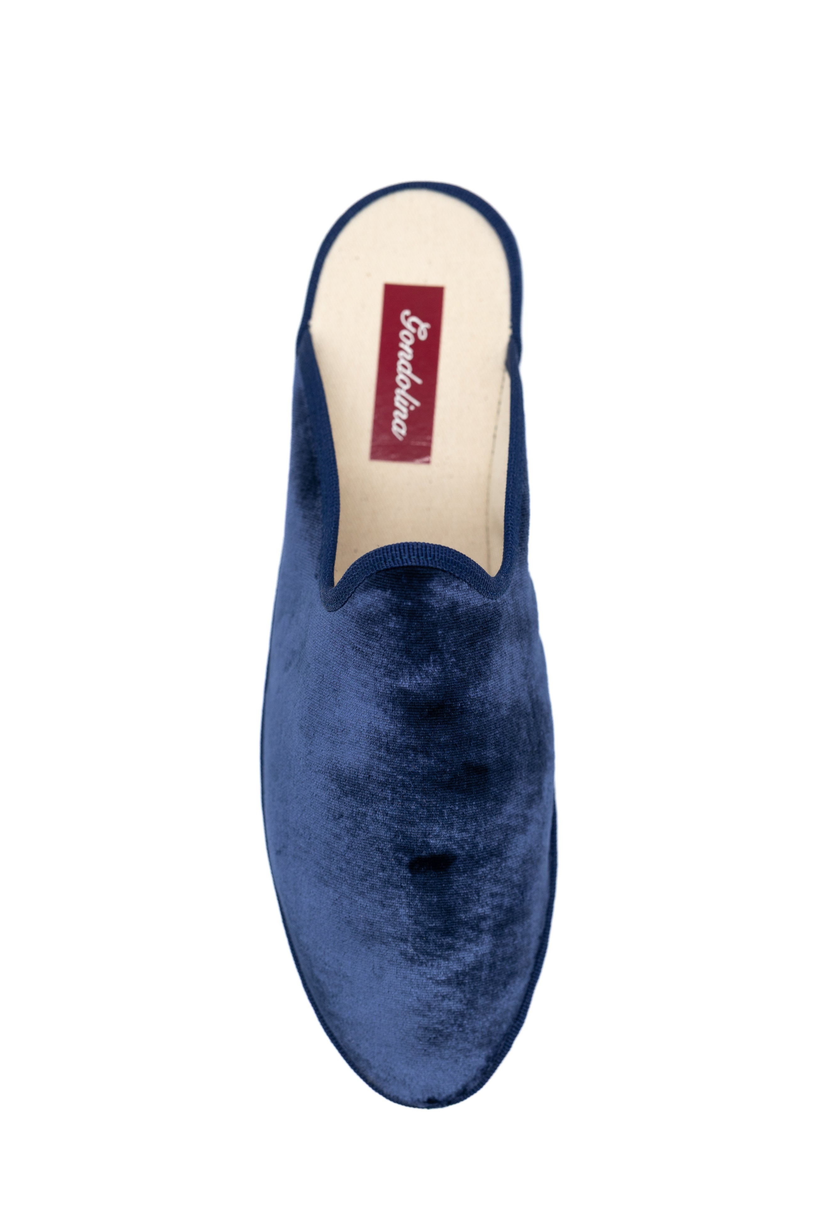 Handcrafted Gondolina Murano Mules in blue silk velvet, featuring authentic Venetian design, top view