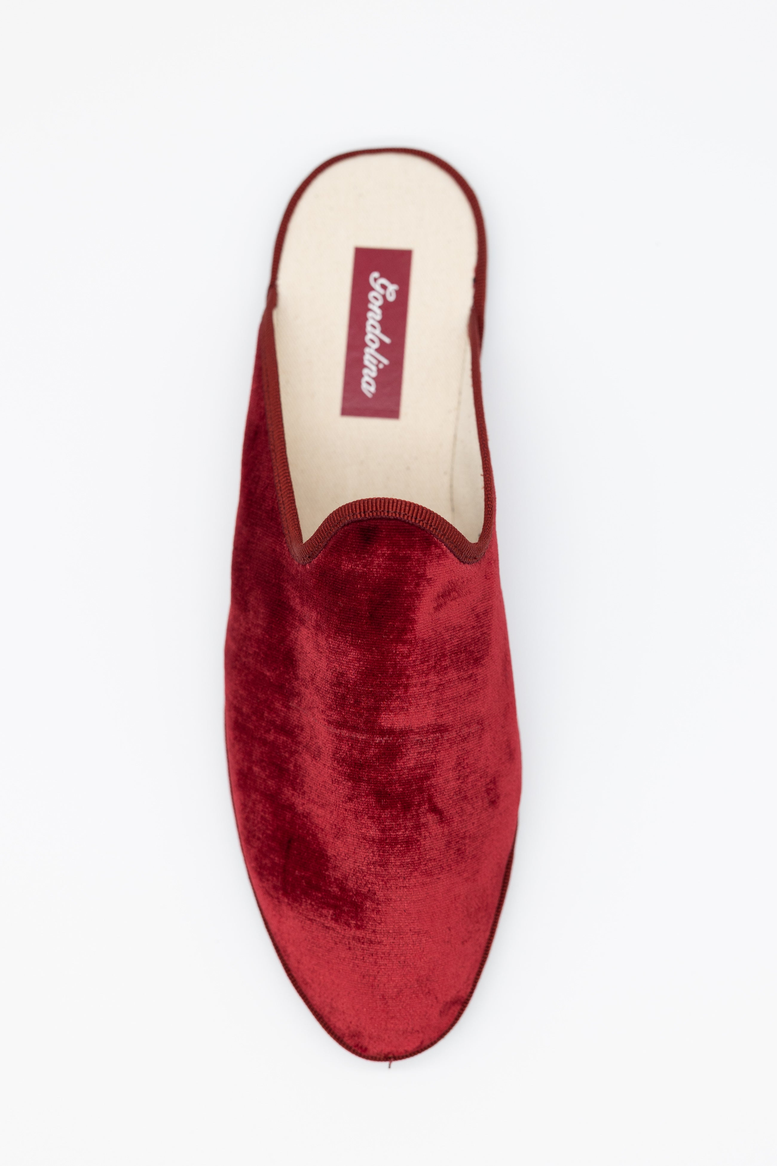 Handcrafted Gondolina San Marco Mules in red silk velvet, featuring authentic Venetian design, top view