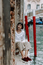 Handcrafted Gondolina San Marco Mules in red silk velvet, featuring authentic Venetian design, full-body